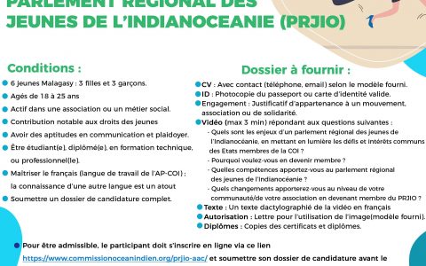 Appel à candidatures dans le cadre du lancement du Parlement Régional des Jeunes de l’Indianocéanie